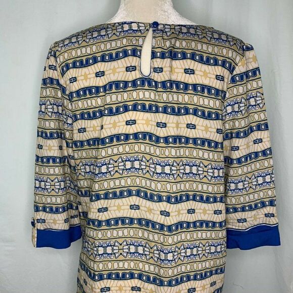 Pink Owl Shift Dress L Tan Blue Geometric - Picture 5 of 7